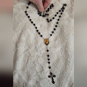 Rosary St Anthony Elegant Black Beaded Necklace with Silver Accents